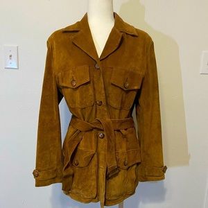 IZZI women's small genuine leather belted jacket EUC vintage brown suede